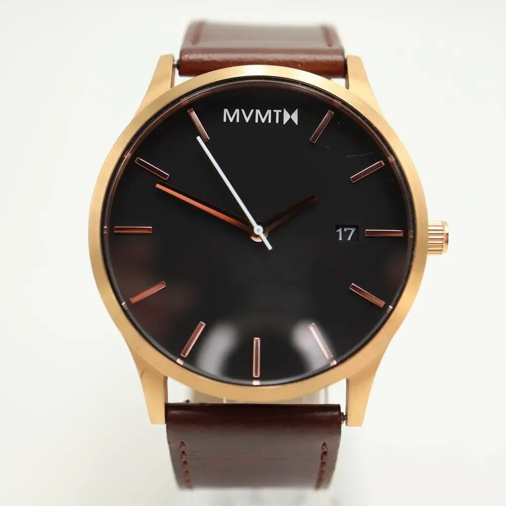 MVMT Mens Classic 45mm Black Date Watch Brown Leather Strap w New Battery